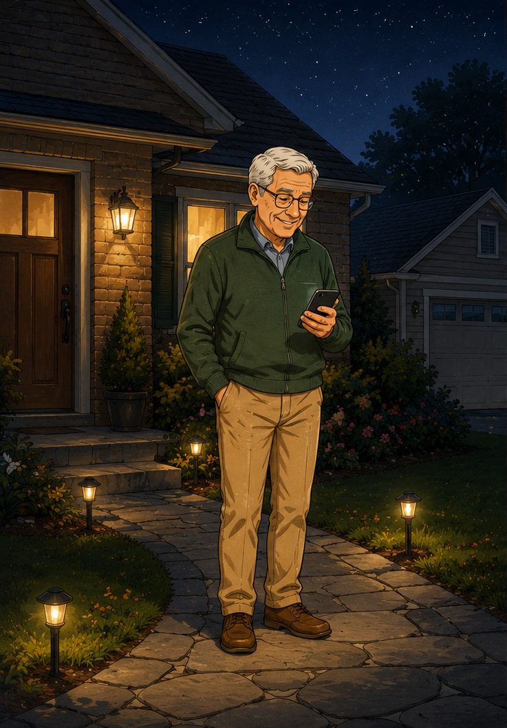 An older man standing on his front path at night, lit by the porch lamp, smiling at his phone.
