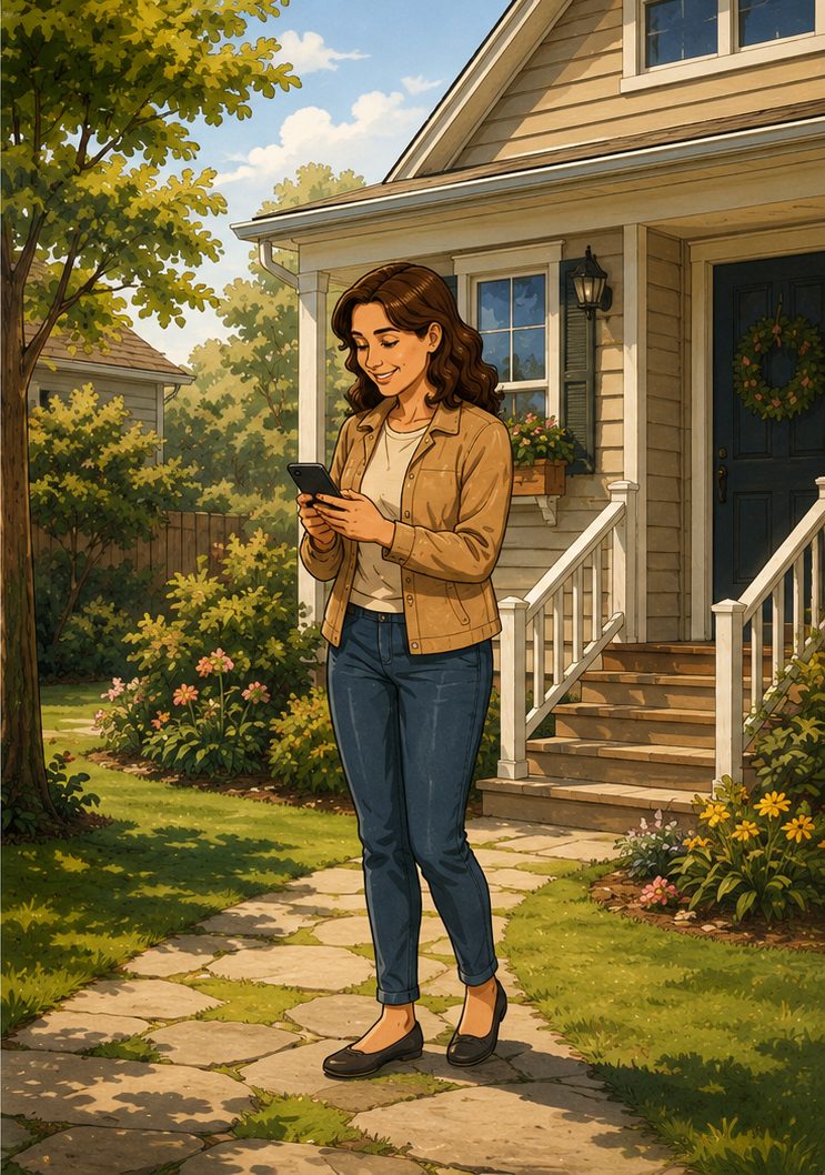His daughter on her own front path on a bright afternoon, smiling at her phone.